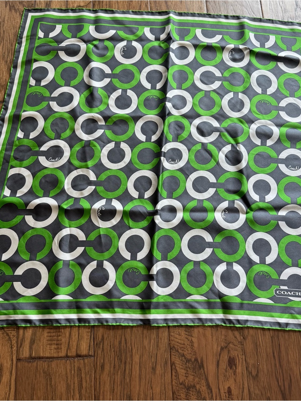 COACH Signature Pattern Scarf in Green, Gray & White - Picture 2 of 6